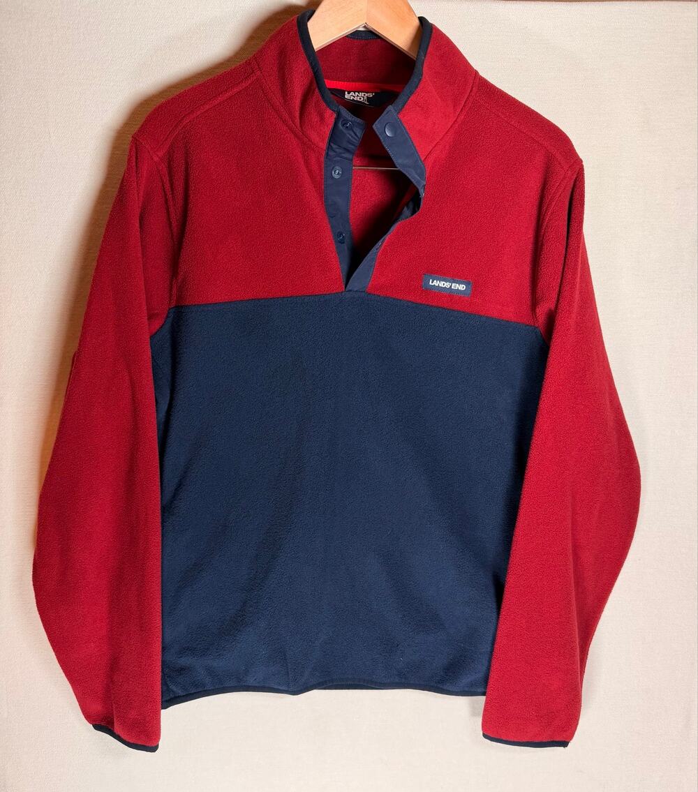 Lands End Mens M Fleece Pullover Red Navy Colorblock Snap Neck Gorpcore